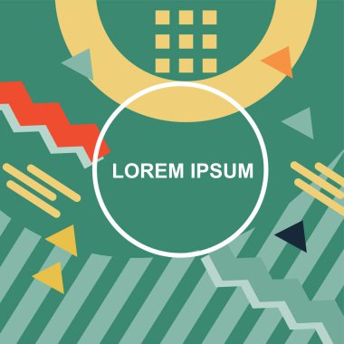 Çeşitli geometrik şekilli, süslemeli ve metin alanlı soyut arkaplan kare kartı. Geometrik memphis tarzıyla kare duvar kağıdı.