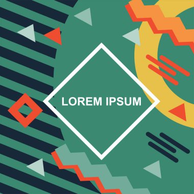 Çeşitli geometrik şekilli, süslemeli ve metin alanlı soyut arkaplan kare kartı. Geometrik memphis tarzıyla kare duvar kağıdı.