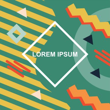 Çeşitli geometrik şekilli, süslemeli ve metin alanlı soyut arkaplan kare kartı. Geometrik memphis tarzıyla kare duvar kağıdı.