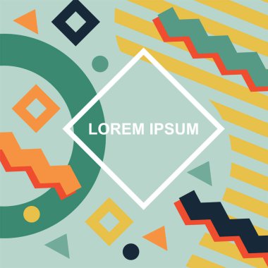 Çeşitli geometrik şekilli, süslemeli ve metin alanlı soyut arkaplan kare kartı. Geometrik memphis tarzıyla kare duvar kağıdı.