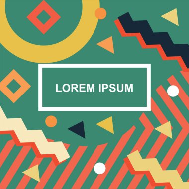 Çeşitli geometrik şekilli, süslemeli ve metin alanlı soyut arkaplan kare kartı. Geometrik memphis tarzıyla kare duvar kağıdı.