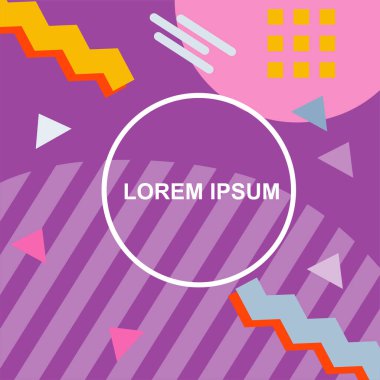 Çeşitli geometrik şekilli, süslemeli ve metin alanlı soyut arkaplan kare kartı. Geometrik memphis tarzıyla kare duvar kağıdı.