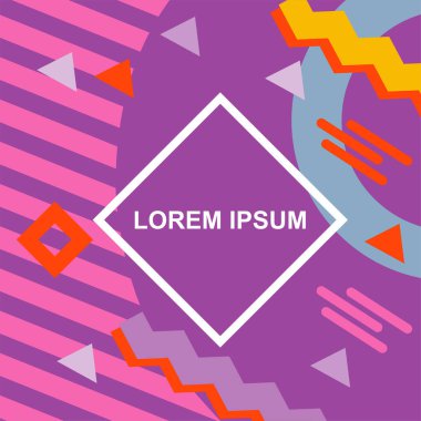 Çeşitli geometrik şekilli, süslemeli ve metin alanlı soyut arkaplan kare kartı. Geometrik memphis tarzıyla kare duvar kağıdı.