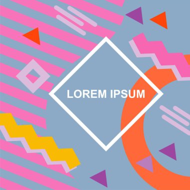 Çeşitli geometrik şekilli, süslemeli ve metin alanlı soyut arkaplan kare kartı. Geometrik memphis tarzıyla kare duvar kağıdı.