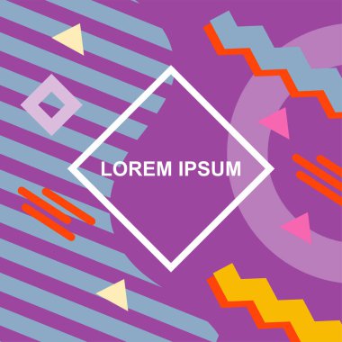 Çeşitli geometrik şekilli, süslemeli ve metin alanlı soyut arkaplan kare kartı. Geometrik memphis tarzıyla kare duvar kağıdı.