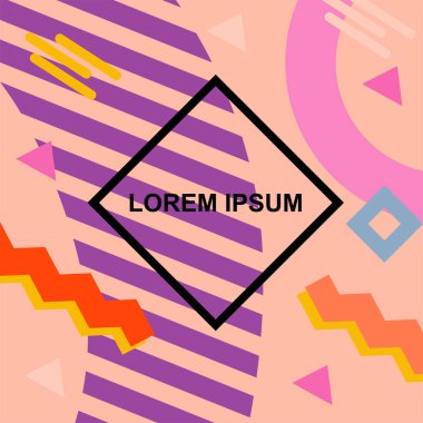 Çeşitli geometrik şekilli, süslemeli ve metin alanlı soyut arkaplan kare kartı. Geometrik memphis tarzıyla kare duvar kağıdı.