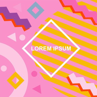 Çeşitli geometrik şekilli, süslemeli ve metin alanlı soyut arkaplan kare kartı. Geometrik memphis tarzıyla kare duvar kağıdı.