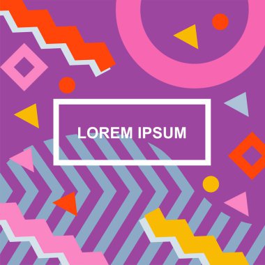 Çeşitli geometrik şekilli, süslemeli ve metin alanlı soyut arkaplan kare kartı. Geometrik memphis tarzıyla kare duvar kağıdı.