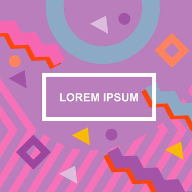 Çeşitli geometrik şekilli, süslemeli ve metin alanlı soyut arkaplan kare kartı. Geometrik memphis tarzıyla kare duvar kağıdı.