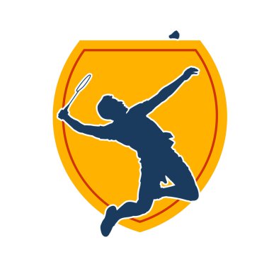 Badminton sporu yapan zayıf bir erkek atletin silueti. Badminton oynayan bir adamın silueti..