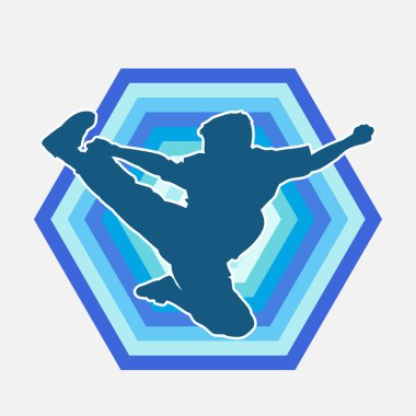 Dövüş sanatları pozu veren bir erkeğin silueti. Dövüş sanatları ustasının silueti tekme atma pozu veriyor..