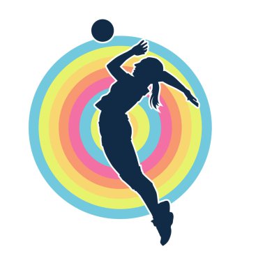 Hareketli bir kadın voleybol oyuncusunun silueti. Voleybol oynayan bir kadının silueti..
