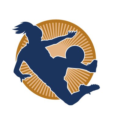 Topa vuran bayan futbolcunun silueti. Hareketli bir futbolcu kadının silueti..