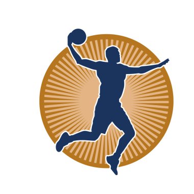Hareketli bir erkek basketbolcunun silueti. Basketbol oynayan bir adamın silüeti..