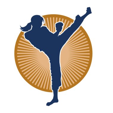 Dövüş sanatları tekmesi pozu veren bir kadının silueti. Dövüş sanatlarındaki bir kadının silueti tekme atma pozu veriyor..