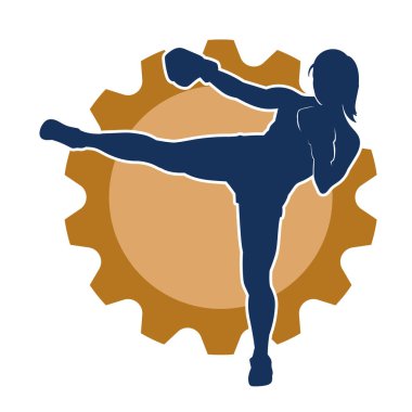 Hareketli kadın kickboksör atletinin silueti. Tekme atan bir kadının silueti..