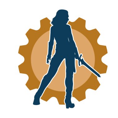 Bir kadın dövüşçünün silueti kılıç taşırken poz veriyor.