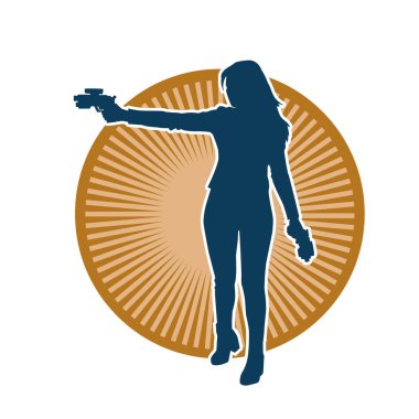 Sıska bir kadın savaşçının silueti makineli tüfekle poz veriyor.