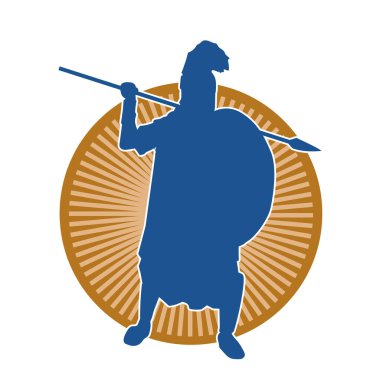 Mızrak ve demir kalkan taşıyan şövalye kostümlü bir erkek silueti. Zırhlı bir dövüşçünün silueti hareket halinde..