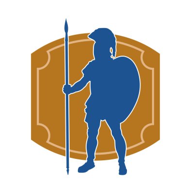 Mızrak ve demir kalkan taşıyan şövalye kostümlü bir erkek silueti. Zırhlı bir dövüşçünün silueti hareket halinde..