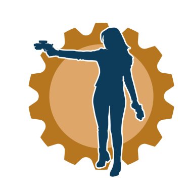 Sıska bir kadın savaşçının silueti makineli tüfekle poz veriyor.