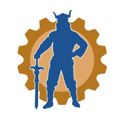 Bir erkek savaşçının silueti Viking kaskı takıyor ve kılıç taşıyor.