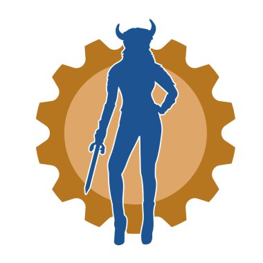 Viking kaskı takan ve kılıç taşıyan bir kadın savaşçının silueti.