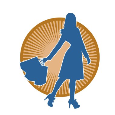 Sıska, alışveriş torbaları taşıyan genç bir kadının silueti. Alışveriş torbaları taşıyan, etkileyici pozlarda genç bir kadının silueti..