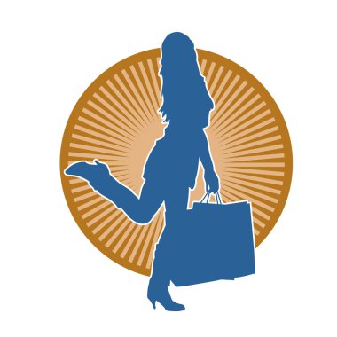 Sıska, alışveriş torbaları taşıyan genç bir kadının silueti. Alışveriş torbaları taşıyan, etkileyici pozlarda genç bir kadının silueti..