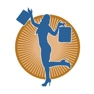 Sıska, alışveriş torbaları taşıyan genç bir kadının silueti. Alışveriş torbaları taşıyan, etkileyici pozlarda genç bir kadının silueti..