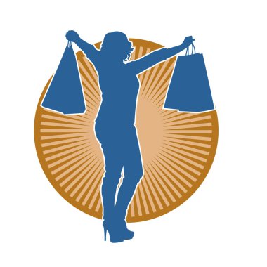 Sıska, alışveriş torbaları taşıyan genç bir kadının silueti. Alışveriş torbaları taşıyan, etkileyici pozlarda genç bir kadının silueti..