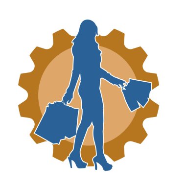 Sıska, alışveriş torbaları taşıyan genç bir kadının silueti. Alışveriş torbaları taşıyan, etkileyici pozlarda genç bir kadının silueti..