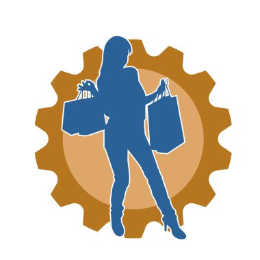 Sıska, alışveriş torbaları taşıyan genç bir kadının silueti. Alışveriş torbaları taşıyan, etkileyici pozlarda genç bir kadının silueti..