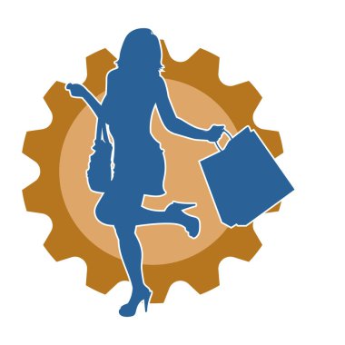 Sıska, alışveriş torbaları taşıyan genç bir kadının silueti. Alışveriş torbaları taşıyan, etkileyici pozlarda genç bir kadının silueti..