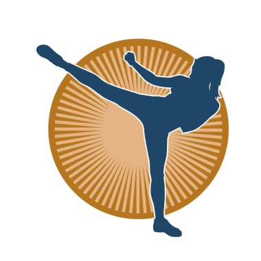 Dövüş sanatları tekmesi atan bir kadının silueti. Sportif bir kadının silueti tekme hareketi yapıyor..