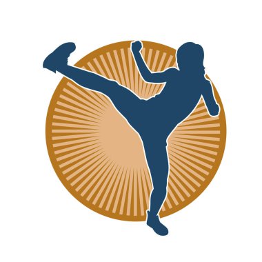Dövüş sanatları tekmesi atan bir kadının silueti. Sportif bir kadının silueti tekme hareketi yapıyor..