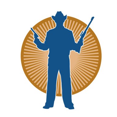 Kovboy kostümü giymiş siluet bir erkek tabanca ve tüfekle poz veriyor.