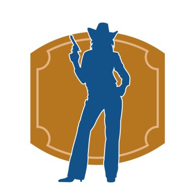 Kovboy kostümü giymiş zayıf bir kadının silueti. Tabanca tabancası taşıyan pozu. Kovboy kız kostümlü bir kadın modelin silueti..