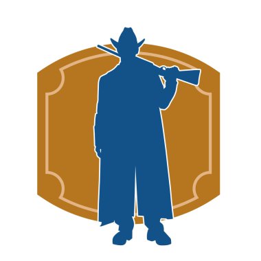 Uzun paltolu ve tüfekli bir kovboy savaşçısı silueti. Uzun namlulu ateşli silahla hareket halindeki bir kovboyun silueti..