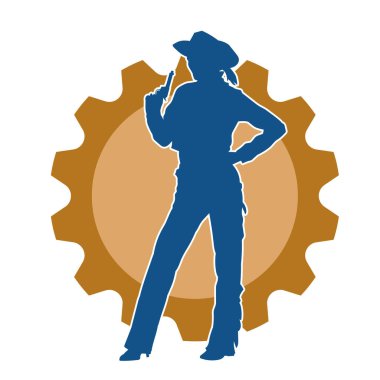 Kovboy kostümü giymiş zayıf bir kadının silueti. Tabanca tabancası taşıyan pozu. Kovboy kız kostümlü bir kadın modelin silueti..