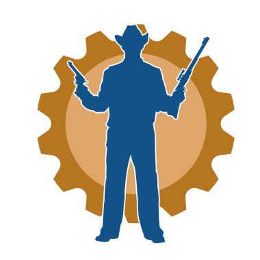 Kovboy kostümü giymiş siluet bir erkek tabanca ve tüfekle poz veriyor.