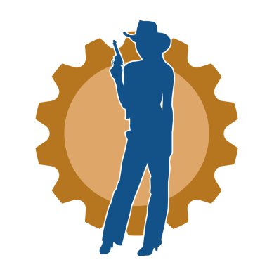 Kovboy kostümü giymiş zayıf bir kadının silueti. Tabanca tabancası taşıyan pozu. Kovboy kız kostümlü bir kadın modelin silueti..