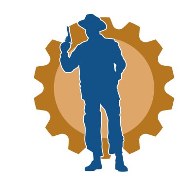 Kovboy kostümü giymiş bir adamın silüeti. Tabanca tabancası taşıyormuş gibi poz veriyor.