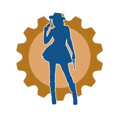 Kovboy kostümü giymiş zayıf bir kadının silueti. Tabanca tabancası taşıyan pozu. Kovboy kız kostümlü bir kadın modelin silueti..