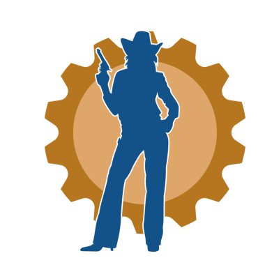 Kovboy kostümü giymiş zayıf bir kadının silueti. Tabanca tabancası taşıyan pozu. Kovboy kız kostümlü bir kadın modelin silueti..