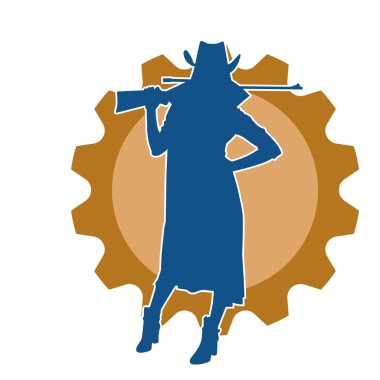 Uzun paltolu ve tüfekli kadın kovboy savaşçısının silueti. Uzun namlulu ateşli silahla poz veren bir dişi kovboyun silueti..