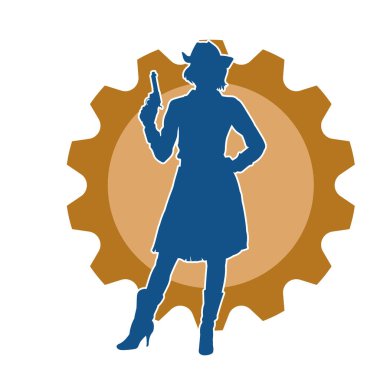 Kovboy kostümü giymiş zayıf bir kadının silueti. Tabanca tabancası taşıyan pozu. Kovboy kız kostümlü bir kadın modelin silueti..