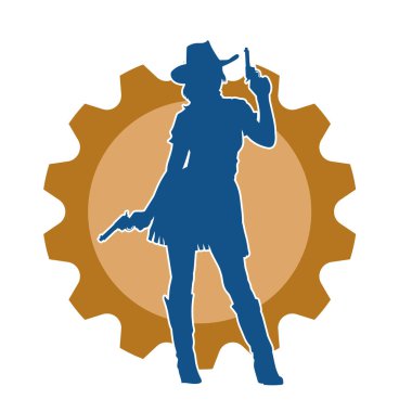 Kovboy kostümü giymiş zayıf bir kadının silueti. Tabanca tabancası taşıyan pozu. Kovboy kız kostümlü bir kadın modelin silueti..