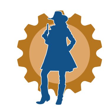 Kovboy kostümü giymiş zayıf bir kadının silueti. Tabanca tabancası taşıyan pozu. Kovboy kız kostümlü bir kadın modelin silueti..