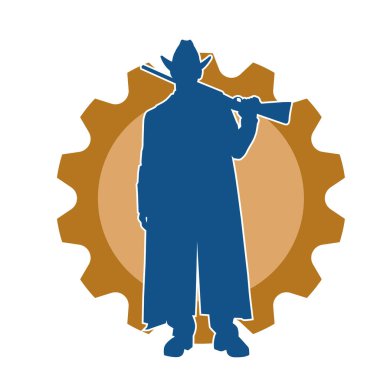 Uzun paltolu ve tüfekli bir kovboy savaşçısı silueti. Uzun namlulu ateşli silahla hareket halindeki bir kovboyun silueti..